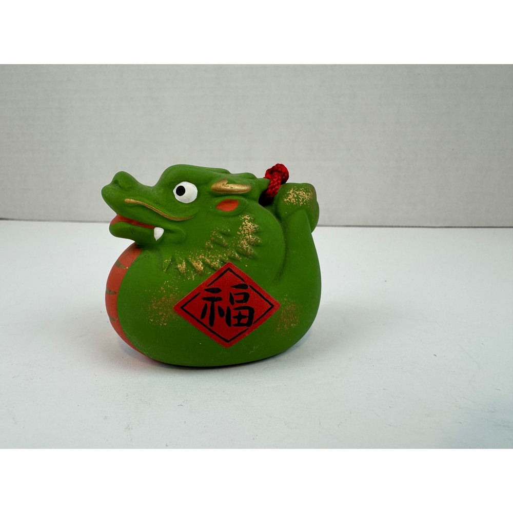 Vintage Japanese Ceramic Green Dragon Bell Figurine Fuku Good Fortune Folk Art